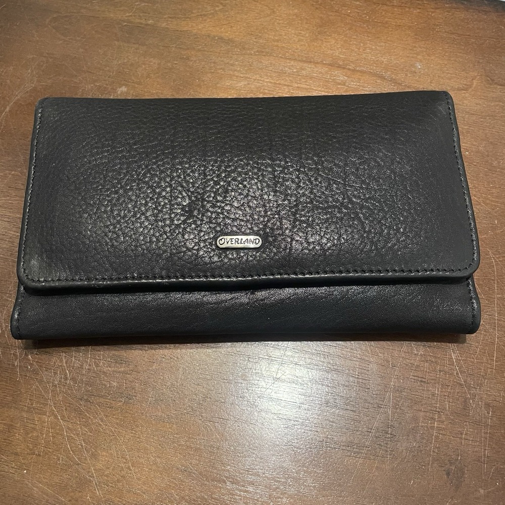 Overland Womens Black Superior Leather Trifold Wallet Zipper Coin Pocket Cards